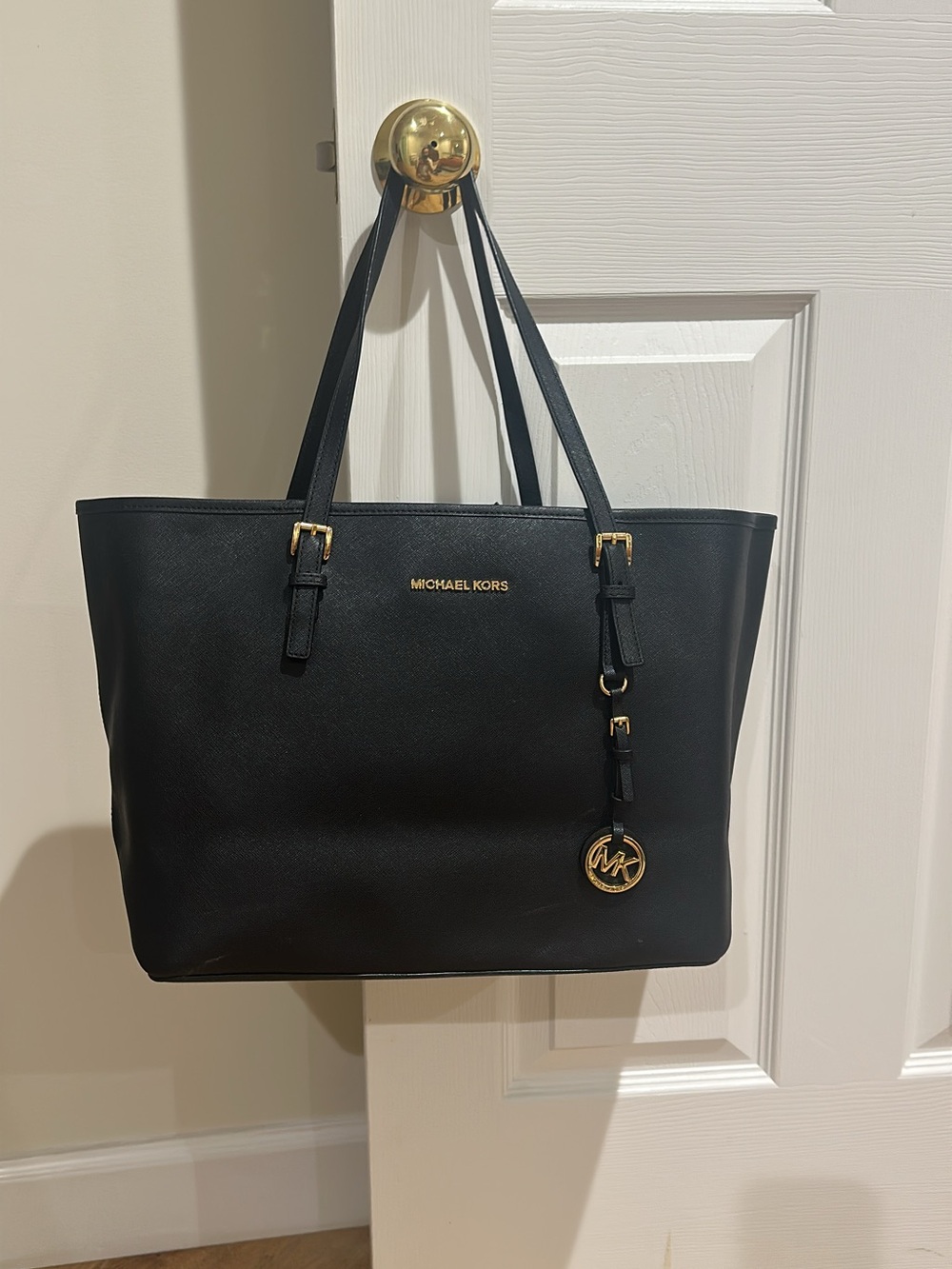 Michael Kors Jet Set Black Leather Tote with Gold Accents